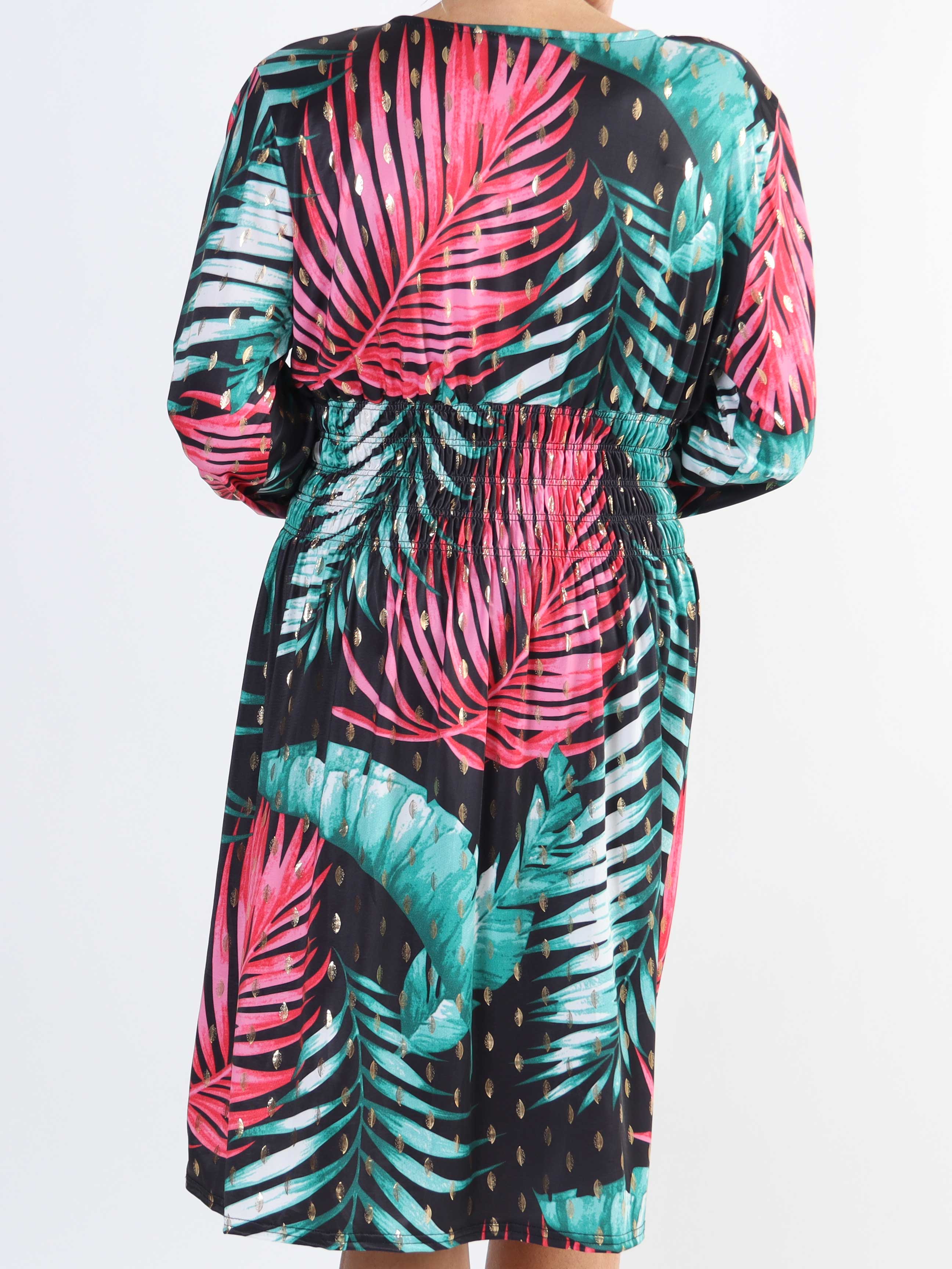 Pams Leaf Short L/S - Elastisk mønstret plus size kjole i krølfrit stof